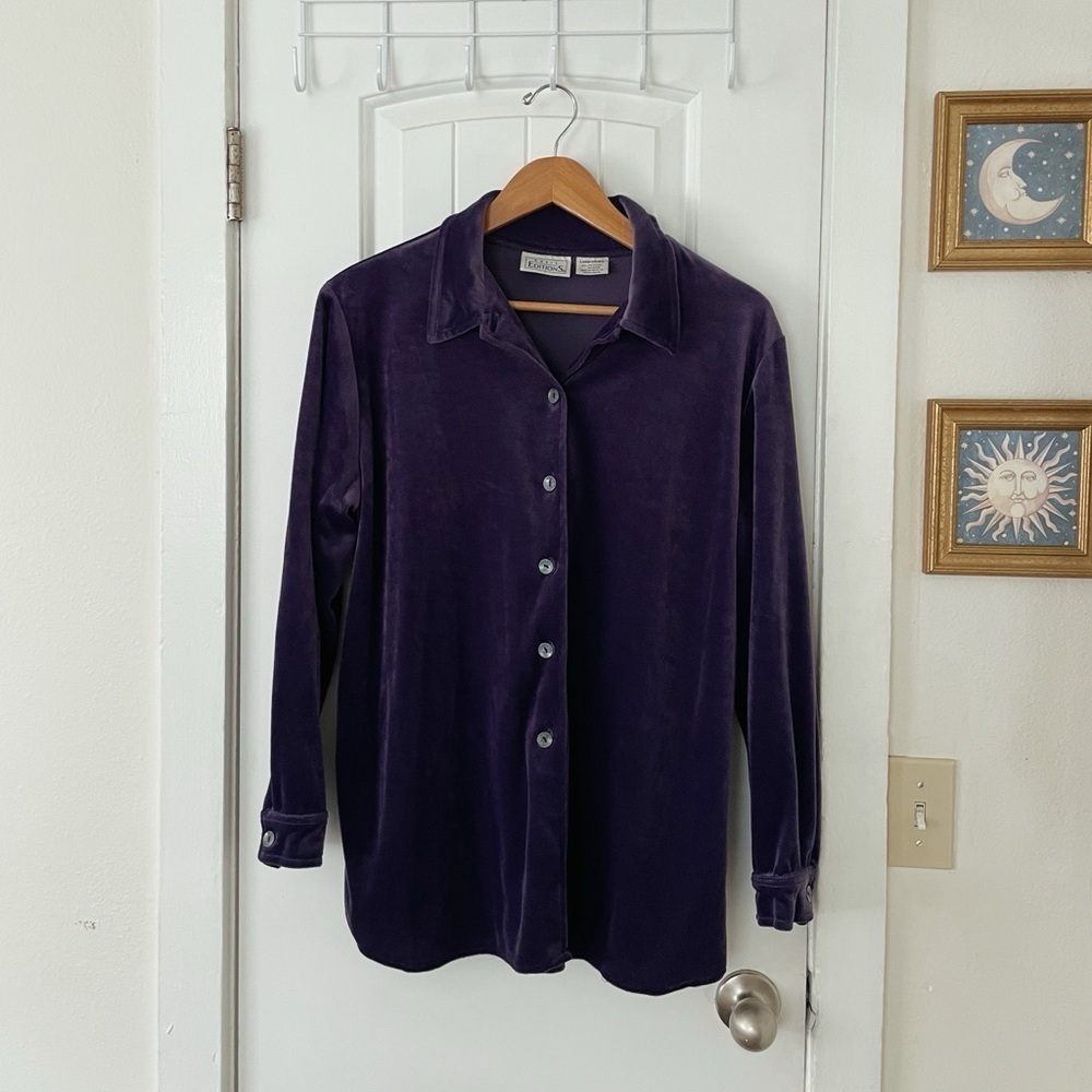 Basic Editions Size L Y2K dark purple velvet button-up shirt whimsical